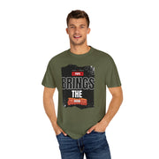 Papa Brings the Bacon unisex garment-dyed T-shirt, perfect gift for dads, model wearing green shirt.