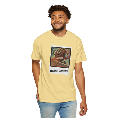 Unisex garment-dyed Bread Winner T-shirt in yellow, featuring a vibrant design and a comfortable fit, ideal for casual wear.