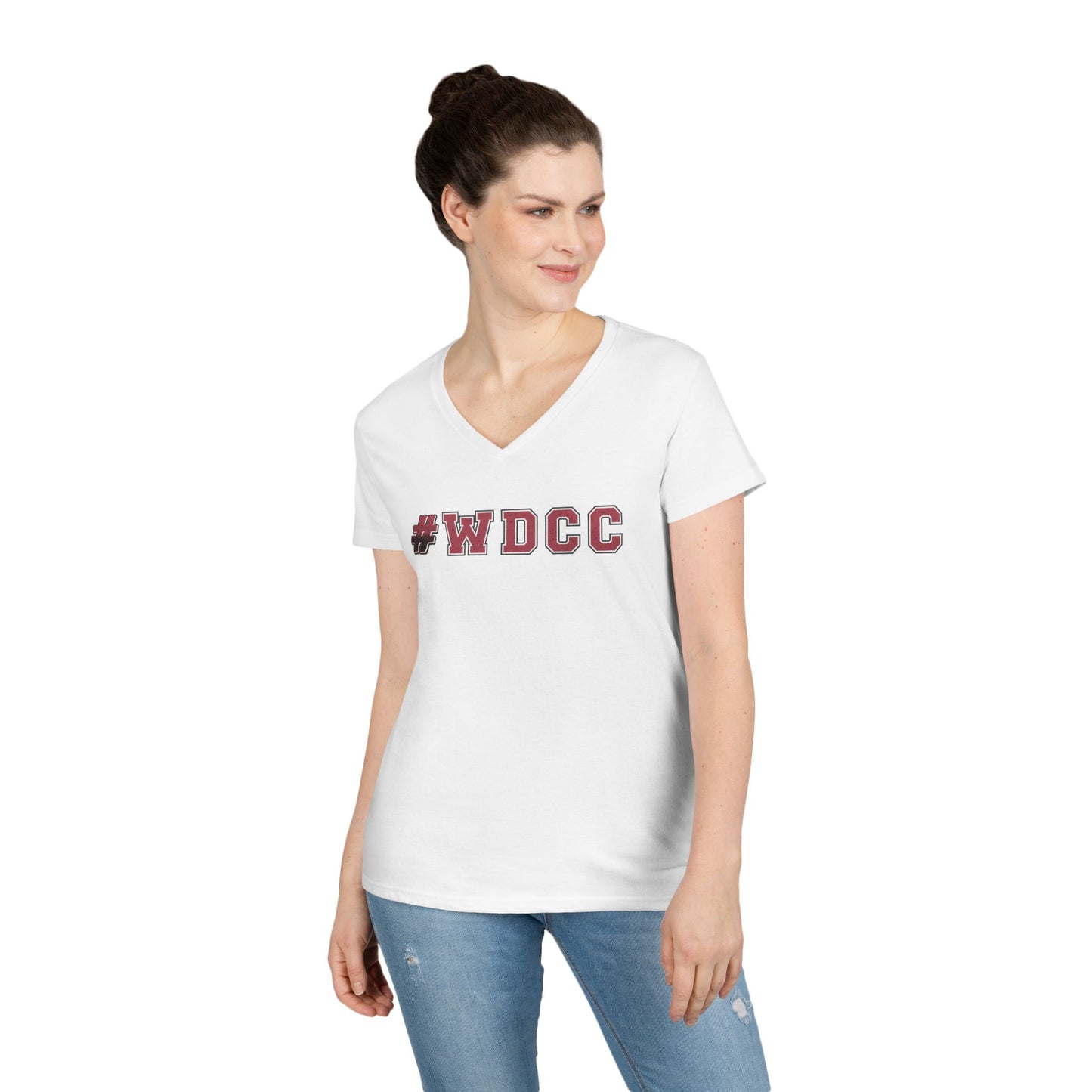Stylish V-Neck T-Shirt with #WDCC Design, Casual Wear, Gift for Friends, Trendy Outfit, Everyday Style, Summer Fashion
