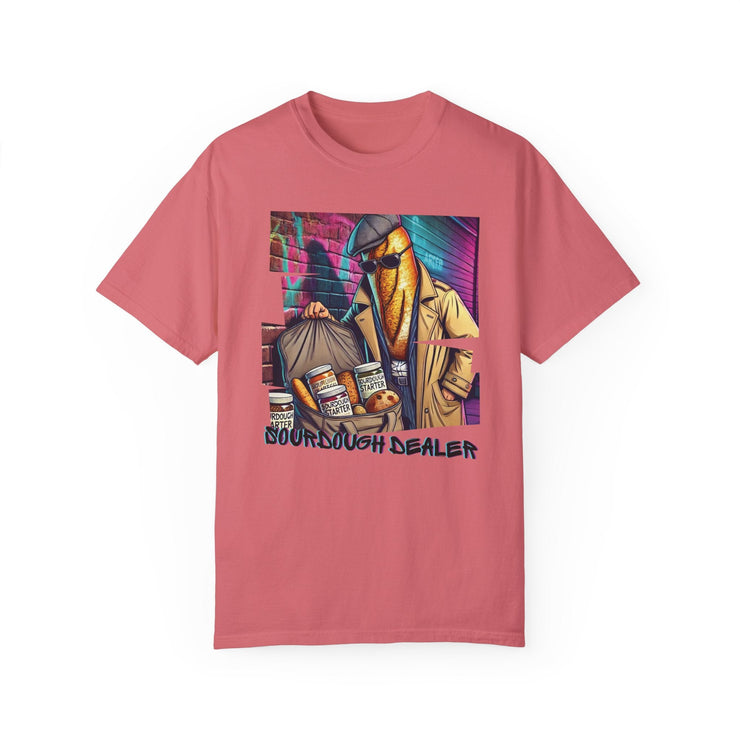 Pink "Sourdough Dealer" T-Shirt featuring playful graphic design, unisex, garment-dyed for softness.
