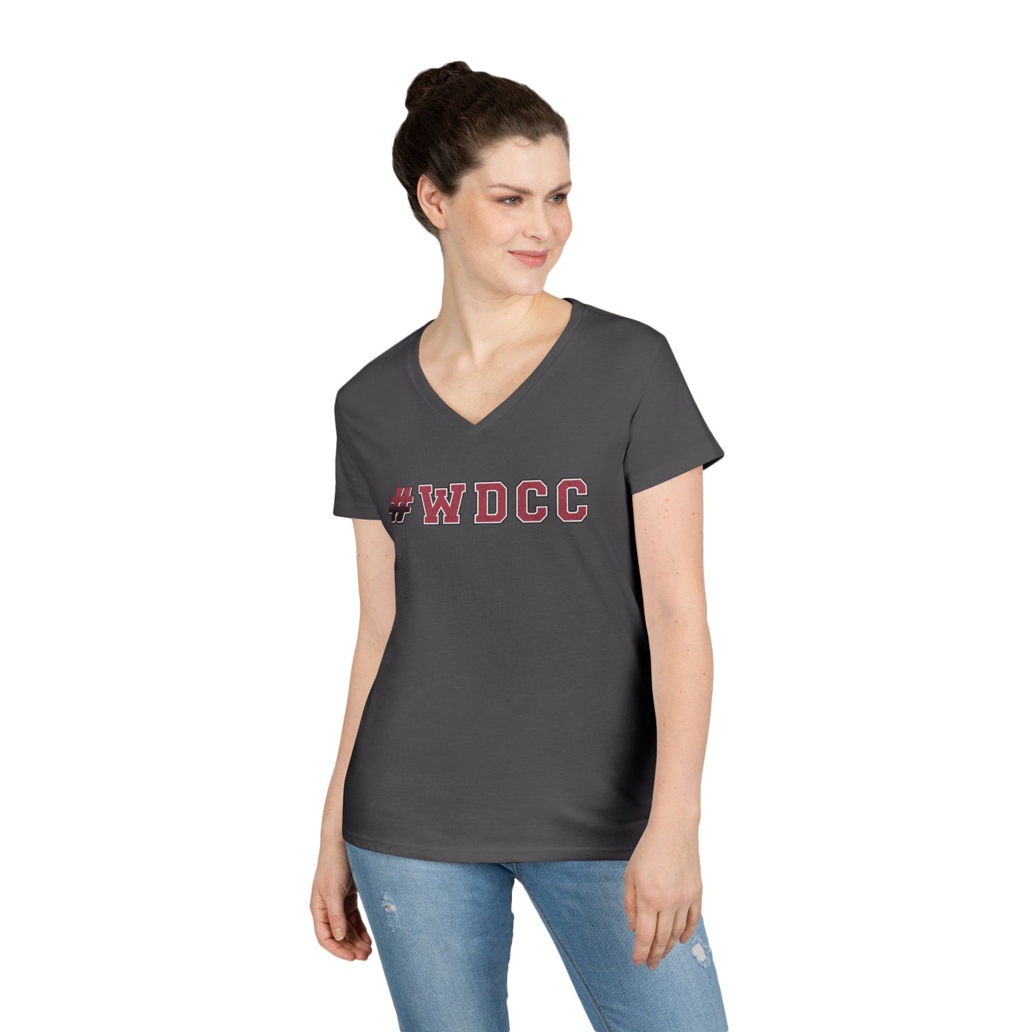 Stylish V-Neck T-Shirt with #WDCC Design, Casual Wear, Gift for Friends, Trendy Outfit, Everyday Style, Summer Fashion