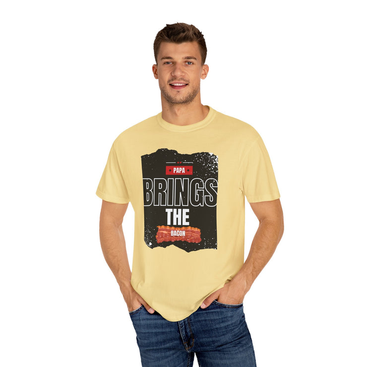 Unisex garment-dyed t-shirt with "Papa Brings the Bacon" print, perfect gift for dads.