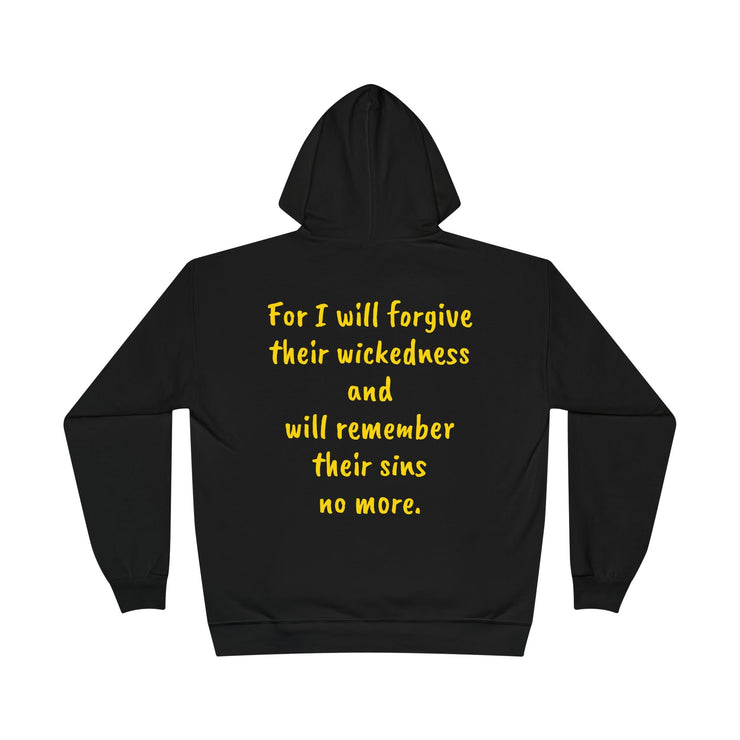 Unisex EcoSmart® Pullover Hoodie with printed text on the back, featuring a spacious front pocket and fleece interior.