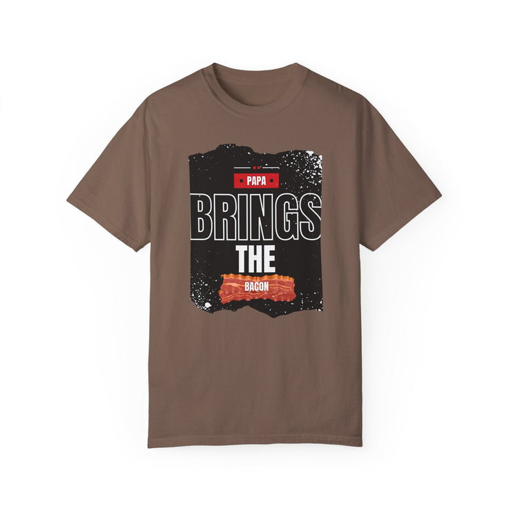 Papa Brings the Bacon unisex garment-dyed T-shirt, perfect gift for dads, brown color with fun design.