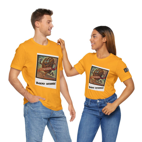 Unisex Funny Bread Winner Tee in bright orange featuring playful bread runner graphic and "Bread Winner!" text, made from soft cotton.