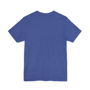 Unisex Jersey Short Sleeve Tee in blue, shown from the back, featuring ribbed knit collar and retail fit.