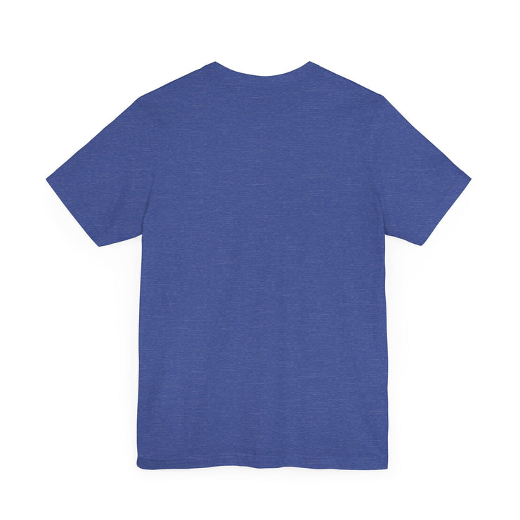 Unisex Jersey Short Sleeve Tee in blue, shown from the back, featuring ribbed knit collar and retail fit.