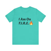 "I Am On F.I.R.E. Motivational T-Shirt in teal with fire icon, unisex casual wear, F.I.R.E. Movement."