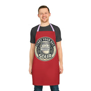 Apron with red design and customizable 5-color straps, featuring a tie-back closure.