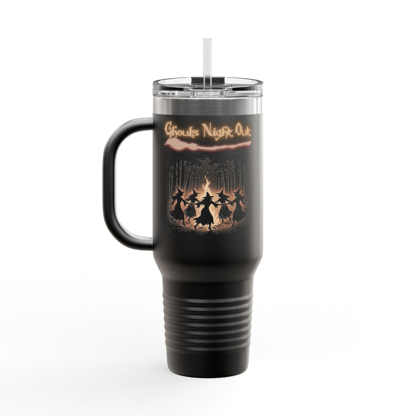 Ghouls Night Out 40oz insulated black travel tumbler with handle and spooky Halloween design
