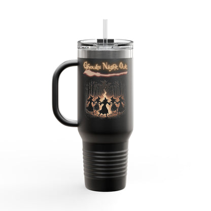 Ghouls Night Out 40oz insulated black travel tumbler with handle and spooky Halloween design