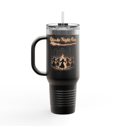 Ghouls Night Out 40oz insulated black travel tumbler with handle and spooky Halloween design