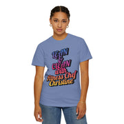 Unisex garment-dyed T-shirt in purple with "Lean & Clean with Fitness Chef Christine" print, modeled by a person, showcasing the relaxed fit and crew neckline.