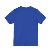 Blue unisex jersey short sleeve tee, back view.