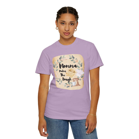 Unisex garment-dyed T-shirt in lavender with "Momma Makes the Dough" text, ideal gift for baking lovers.