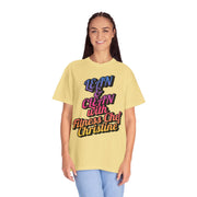 Unisex garment-dyed T-shirt featuring "Lean & Clean with Fitness Chef Christine" text, casual and stylish for everyday wear.
