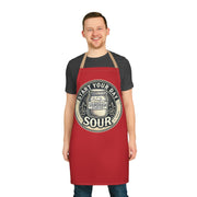 Apron with 5-color strap options and durable polyester canvas, worn by model.