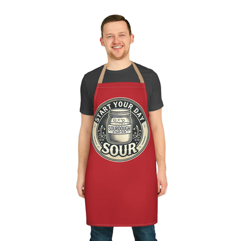 Apron with 5-color strap options and durable polyester canvas, worn by model.