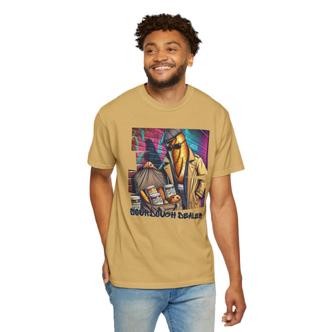 Sourdough Dealer T-Shirt on smiling man, featuring colorful playful design, perfect for art lovers and hipsters.