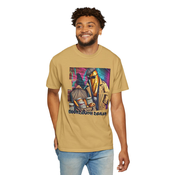 Sourdough Dealer T-Shirt on smiling man, featuring colorful playful design, perfect for art lovers and hipsters.