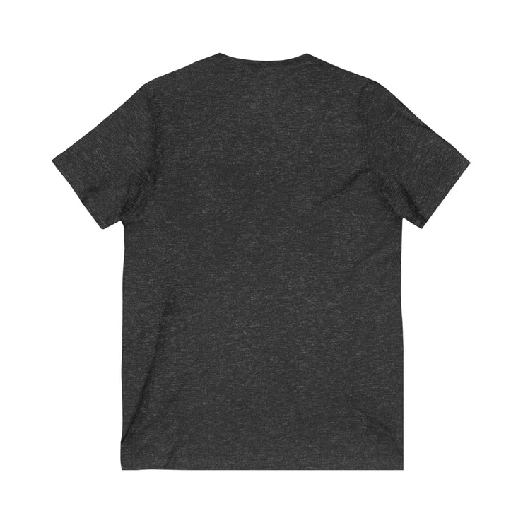 Heathered black unisex V-neck tee with baking slogan, ideal for enthusiasts and year-round wear.