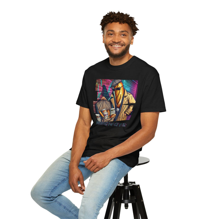 Unisex Sourdough Dealer T-Shirt worn by a man, featuring playful art design.