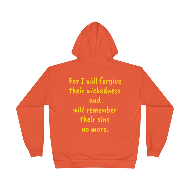 Unisex EcoSmart® pullover hoodie in orange with yellow text on the back.