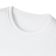 Unisex Softstyle T-Shirt closeup, white color, crew neckline, 100% ring-spun cotton, smooth fabric.