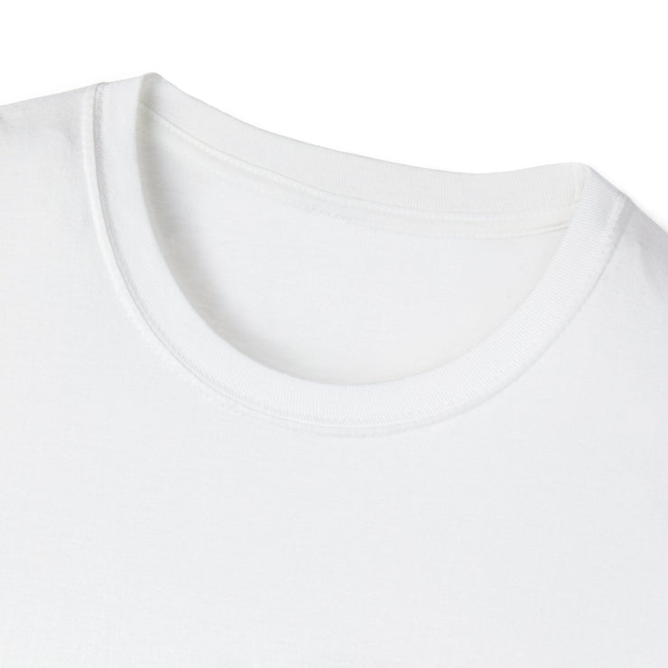 Unisex Softstyle T-Shirt closeup, white color, crew neckline, 100% ring-spun cotton, smooth fabric.