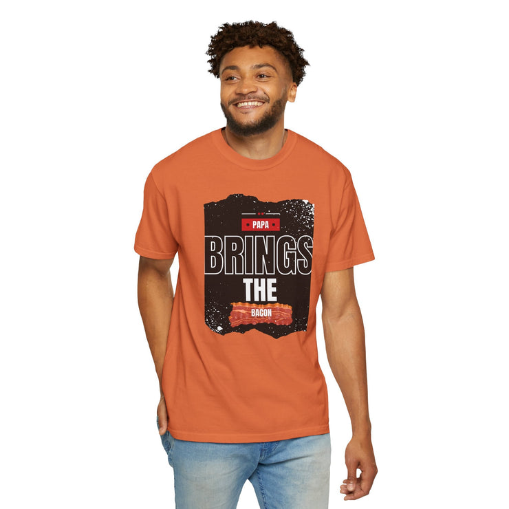Unisex garment-dyed t-shirt with "Papa Brings the Bacon" design, perfect gift for dads.