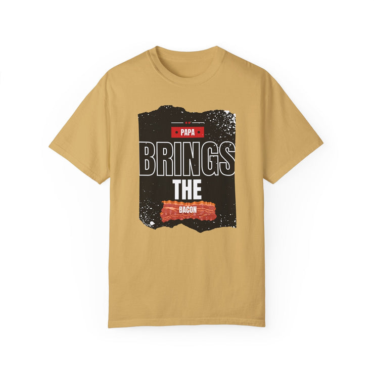Unisex garment-dyed t-shirt with "Papa Brings the Bacon" graphic, perfect gift for dads.