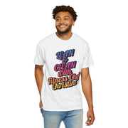 Unisex Garment-Dyed T-shirt with "Lean & Clean with Fitness Chef Christine" design, worn by a smiling person.