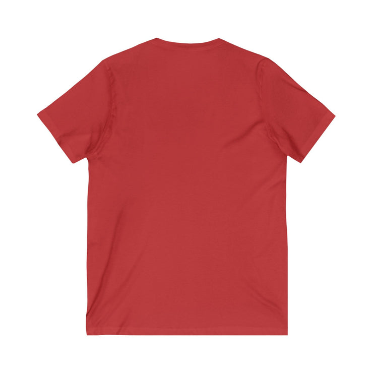 Unisex red V-neck tee, "Because I Am Your Coach," soft jersey, retail fit.