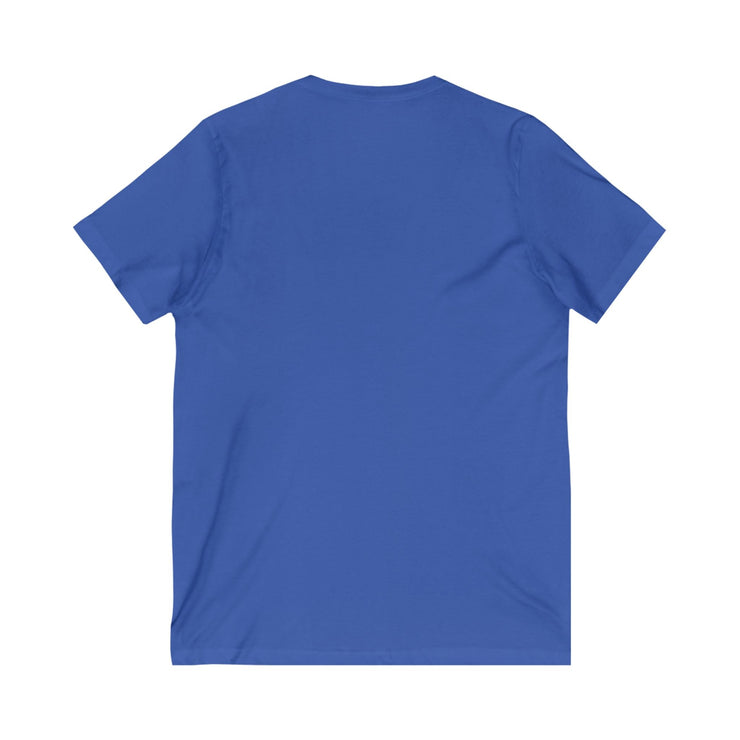 Blue unisex V-neck tee, "Because I Am Your Coach", soft cotton fabric.
