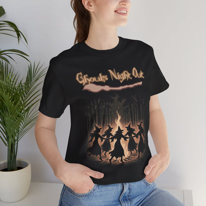 Black Ghoul's Night Out Halloween t-shirt with witches dancing around fire design