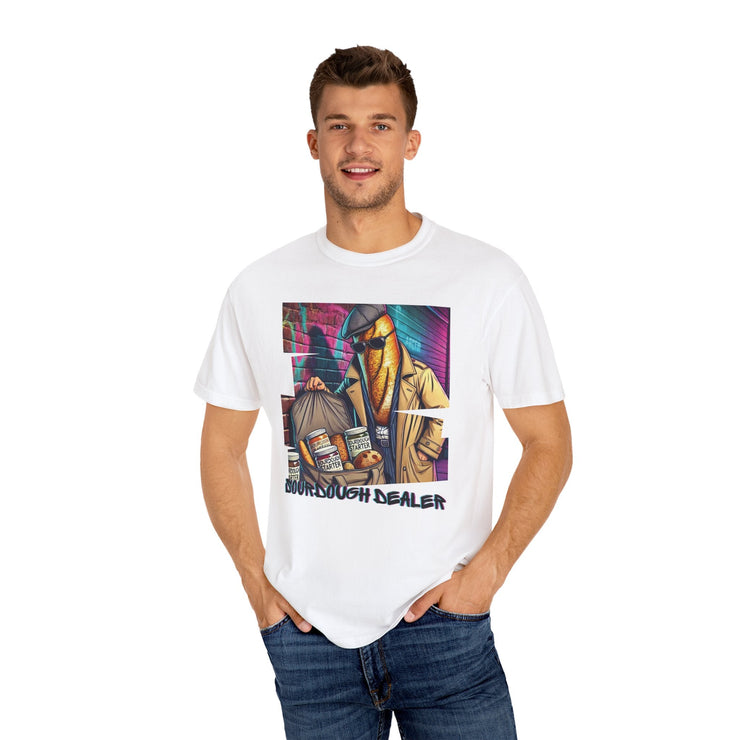 Unisex white Sourdough Dealer T-Shirt featuring vibrant, artistic graphic design.