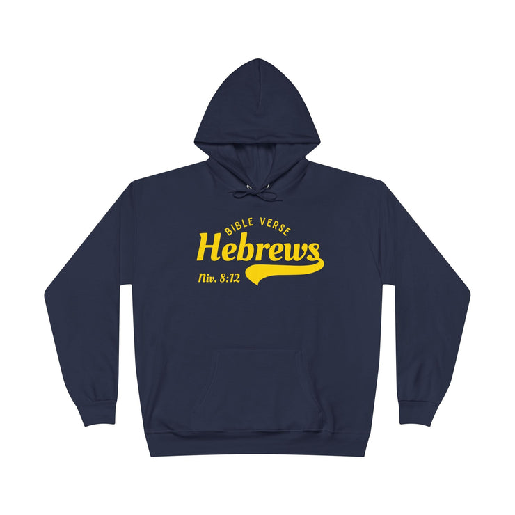 Unisex EcoSmart® Pullover Hoodie in navy with yellow Bible verse text.