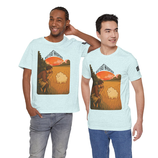 Men wearing Wild Yeast Whisperer t-shirts with vintage style sheep illustration on light fabric