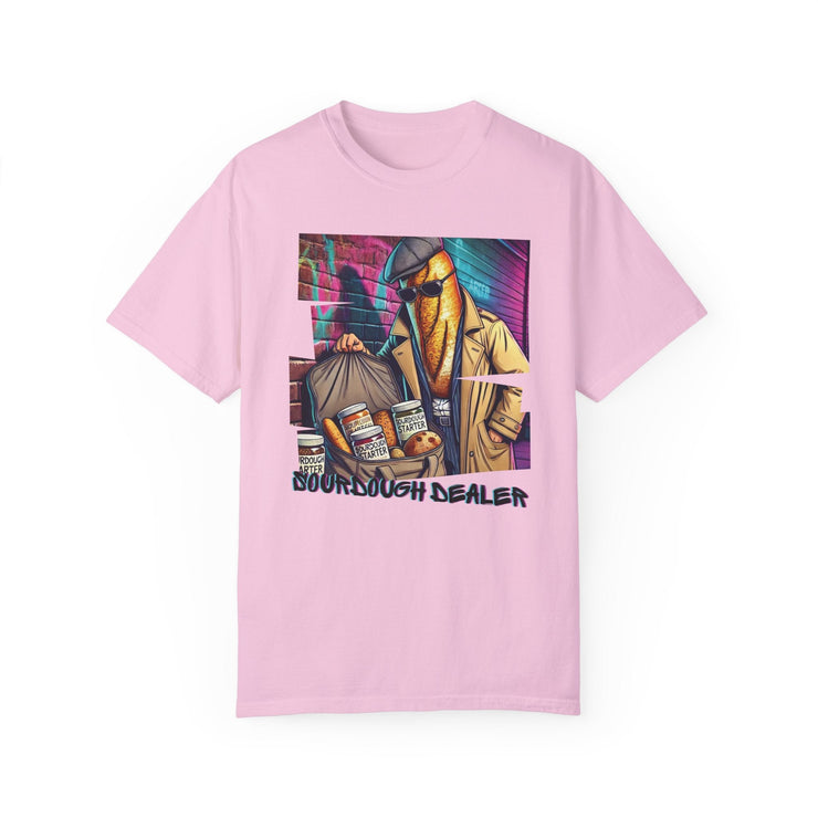 Pink Sourdough Dealer T-Shirt with artistic graphic and humorous design.