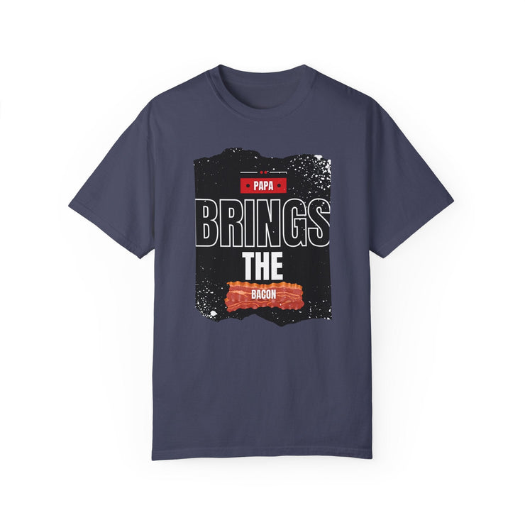 Papa Brings the Bacon unisex garment-dyed T-shirt, perfect gift for dads, navy blue.