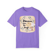 Mom's Kitchen unisex garment-dyed T-shirt in purple with baking-themed design, perfect gift for cooking enthusiasts.
