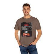 Unisex garment-dyed t-shirt with "Papa Brings the Bacon" design, perfect gift for dads.