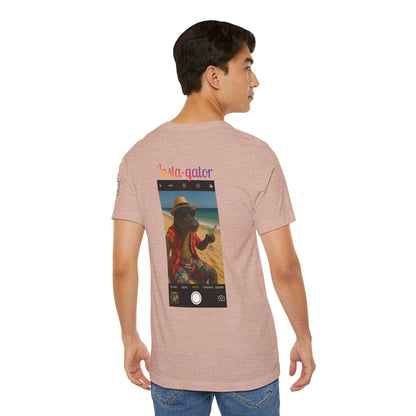 Back view of a man wearing a pink Insta-Gator Fun Unisex T-Shirt with a colorful alligator beach photo print and text on the back.