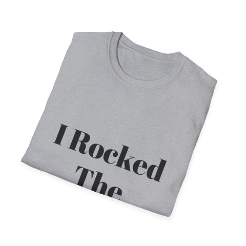 Unisex Softstyle T-Shirt with "I Rocked The Challenge" slogan in black text on a folded gray shirt.