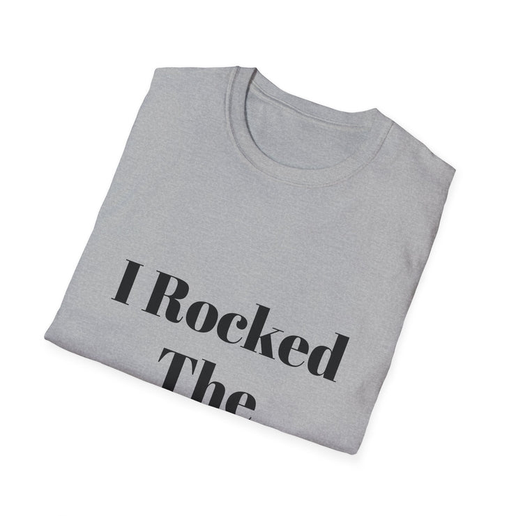 Unisex Softstyle T-Shirt with "I Rocked The Challenge" slogan in black text on a folded gray shirt.