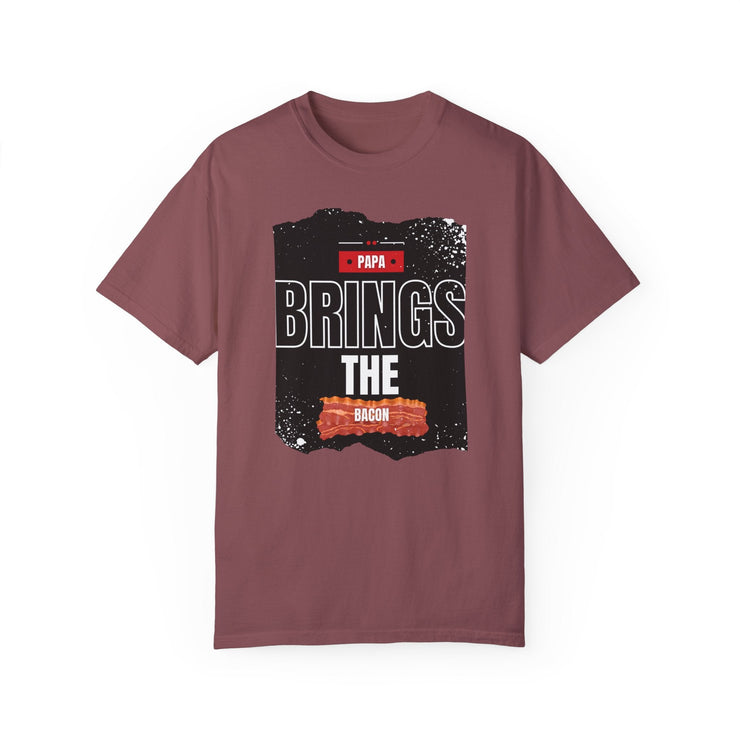 Papa Brings the Bacon unisex garment-dyed T-shirt, ideal gift for dads, fun and stylish.