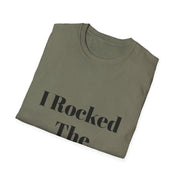Unisex Softstyle T-Shirt folded with "I Rocked The Challenge" text design.