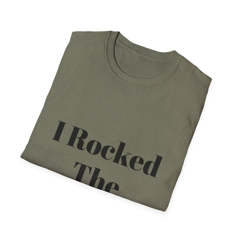 Unisex Softstyle T-Shirt folded with "I Rocked The Challenge" text design.