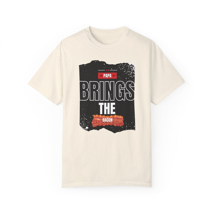 Unisex t-shirt with "Papa Brings the Bacon" design, perfect gift for dads.