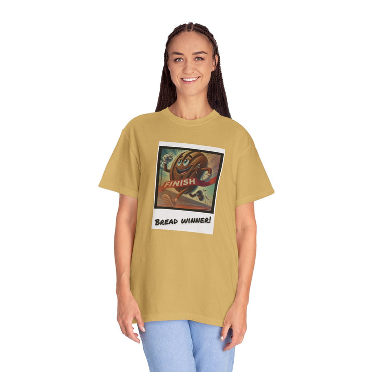 Unisex Bread Winner T-Shirt in mustard yellow, featuring a retro graphic design, made from 100% US cotton for comfort and style.